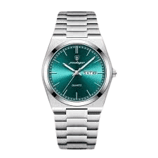 Luxury silver and teal quartz wristwatch with stainless steel band, Pryme brand.