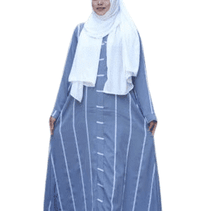 Elegant woman wearing modest blue striped dress and white hijab, showcasing Pryme's modest fashion collection.