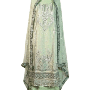 Elegant embroidered green traditional dress with intricate detailing and embellishments.