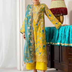 Pakistani Mahajal by Gulljee Unstitched Three Piece -Yellow x Teal Green