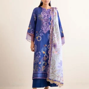Pakistani Hania by Binaas Embroidered Lawn Unstitched Three Piece Suit- Sapphire Blue
