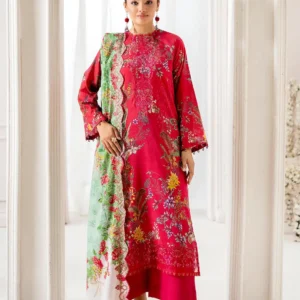 Pakistani Mahajal by Gulljee Unstitched Three Piece - Red
