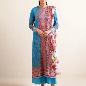 Pakistani Hania by Binaas Embroidered Lawn Unstitched Three Piece-Cerulean Blue