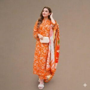 Premium Orange Floral Printed 3-Piece Unstitched/Ready-to-Wear Lawn Suit – Elegant Summer Collection