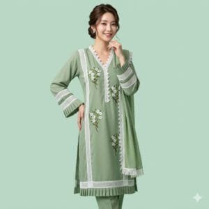 Elegant Sage Green Embroidered 3-Piece Salwar Kameez Set | Premium Soft Fabric | Stylish Women's Outfit