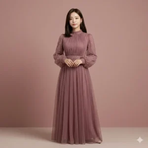 Elegant Dusty Rose Pleated Gown Premium Long Party Wear Dress