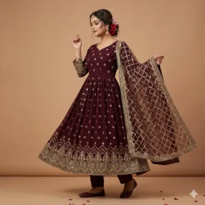 Luxury Maroon Embroidered Gown Set – Festive & Wedding Special