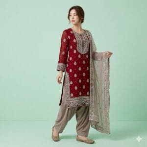 Elegant Maroon Embroidered Kurti Set with Dupatta – Premium Ethnic Wear