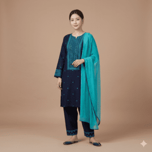 Navy Blue & Teal Embroidered Cotton Salwar Kameez Set with Chiffon Dupatta – Elegant Ethnic Wear for Women