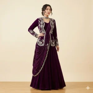 Kuti Saree Gown – Royal Plum Embroidered Designer Outfit