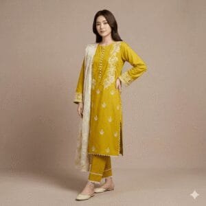 Mustard Yellow Embroidered Women's Kurti Set with Dupatta | Elegant Ethnic 3-Piece Outfit