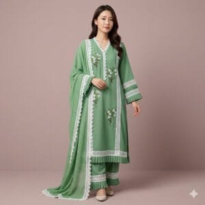 Mint Blossom Embroidered Three Piece