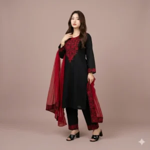 Elegant Black & Red Embroidered 3-Piece Salwar Kameez Set