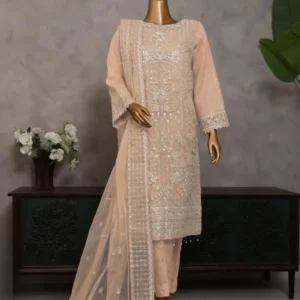 Pakistani Lavish Heavy Embroidered Unstitched Organza Three Piece - Light Taupe