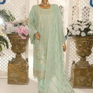 Pakistani Lavish Heavy Embroidered Unstitched Chiffon Three Piece - Greenish