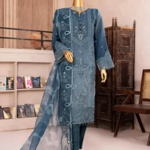 Pakistani Lavish Heavy Embroidered Unstitched Organza Three Piece - Nile Blue