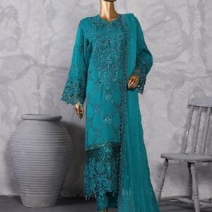 Pakistani Lavish Heavy Embroidered Unstitched Organza Three Piece - Teal