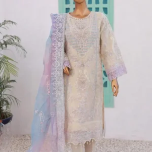 Pakistani Lavish Heavy Embroidered Unstitched Organza Three Piece - Vanilla