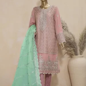 Pakistani Lavish Heavy Embroidered Unstitched Chiffon Three Piece - Oriental Pink
