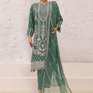 Pakistani Lavish Heavy Embroidered Unstitched Organza Three Piece - Mineral Green