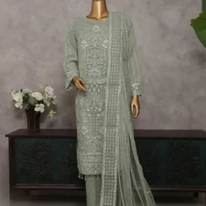 Pakistani Lavish Heavy Embroidered Unstitched Organza Three Piece - Mist