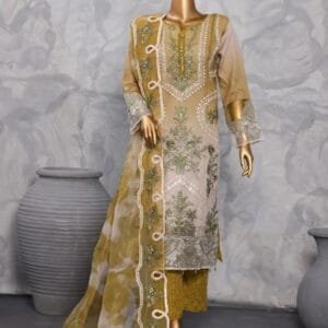 Pakistani Lavish Heavy Embroidered Unstitched Organza Three Piece - Limed Oak