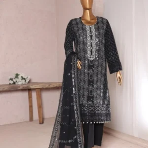 Pakistani Lavish Heavy Embroidered Unstitched Organza Three Piece - Black