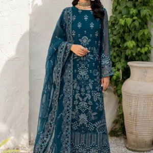 Pakistani Shareef Khanani Unstitched Luxury Chiffon Three Piece - Prussian Blue