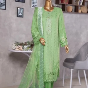 Pakistani Lavish Heavy Embroidered Unstitched Chiffon Three Piece - Tan Green