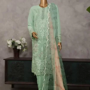 Pakistani Lavish Heavy Embroidered Unstitched Chiffon Three Piece - Slate Green