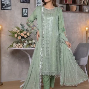 Pakistani Lavish Heavy Embroidered Unstitched Chiffon Three Piece - Lemon Grass