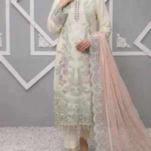 Pakistani Lavish Heavy Embroidered Unstitched Chiffon Three Piece - Pale Leaf