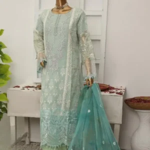 Pakistani Lavish Heavy Embroidered Unstitched Organza Three Piece - Summer Green