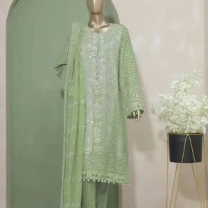 Pakistani Lavish Heavy Embroidered Unstitched Organza Three Piece - Sage