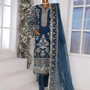 Pakistani Lavish Heavy Embroidered Unstitched Organza Three Piece - Blue Zodiac