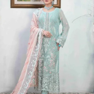Pakistani Alsaba Unstitched Luxury Chiffon Three Piece - Coral Blue