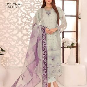 Pakistani Bin Hameed Middhat Embroidered Unstitched Chiffon Three Piece - Pale Leaf