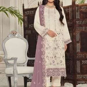 Pakistani Bin Hameed Middhat Embroidered Unstitched Chiffon Three Piece - Spanish White