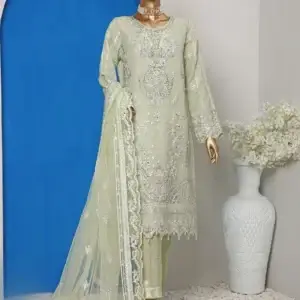 Pakistani Lavish Karchupi Worked Unstitched Organza Three Piece - Sage