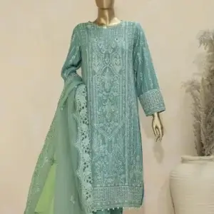 Pakistani Lavish Karchupi Worked Unstitched Organza Three Piece - Como