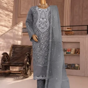 Pakistani Lavish Karchupi Worked Unstitched Organza Three Piece - Flint