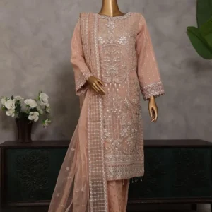 Pakistani Lavish Karchupi Worked Unstitched Organza Three Piece - Sandrift