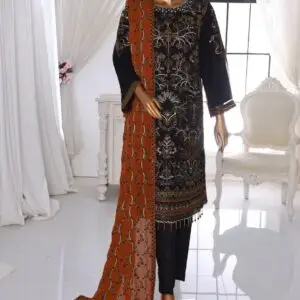 Pakistani Ankahi Karchupi Worked Unstitched Chiffon Three Piece - Onyx