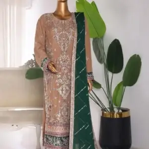 Pakistani Lavish Karchupi Worked Unstitched Organza Three Piece - Mocha