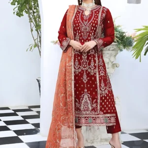 Pakistani Bin Hameed Middhat Embroidered Unstitched Chiffon Three Piece - Tabasco