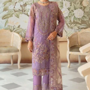 Pakistani Minhal by Ramsha Embroidered Unstitched Organza Three Piece - Purple